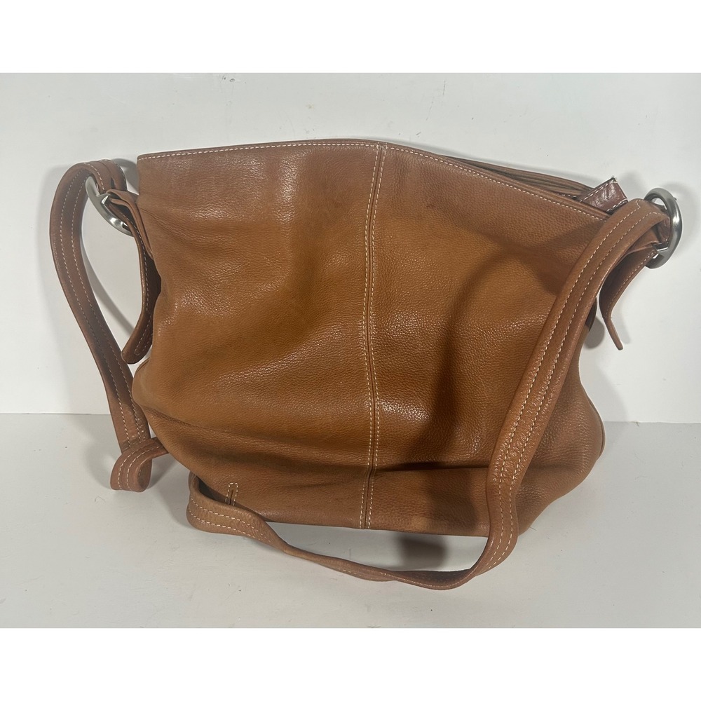 Tignanello Tan Brown Pebbled Leather Shoulder Bag Hobo Contrast Stitch 022810